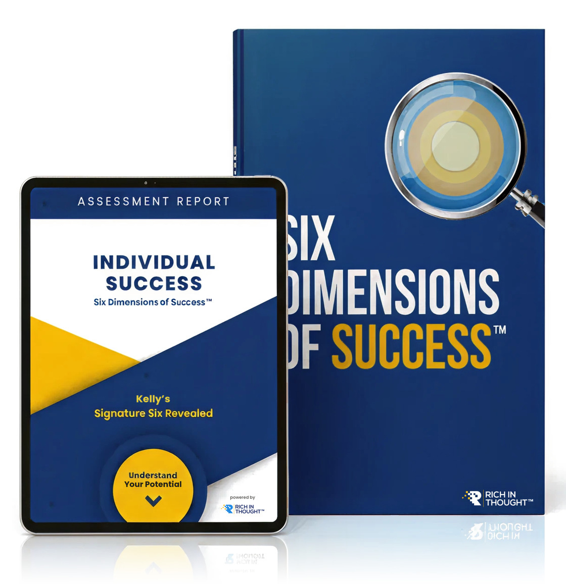 The Six Dimensions of Success eBook beside a sample assessment report on a tablet